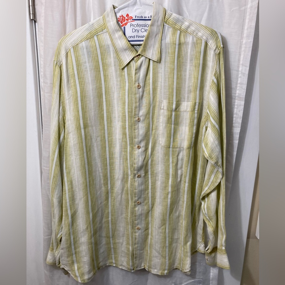 Tommy Bahama Green Striped Linen Button-Up Shirt